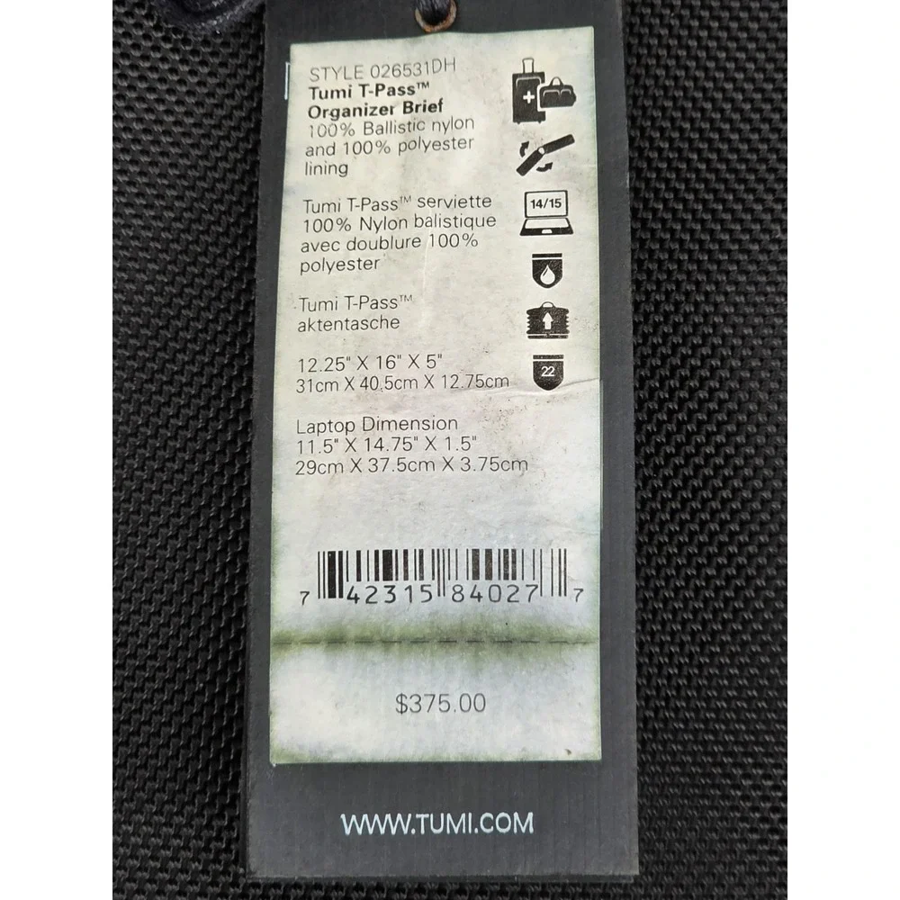 Tumi T-Pass Organizer Brief Expandable Laptop Bag Black‎ Style 026531DH